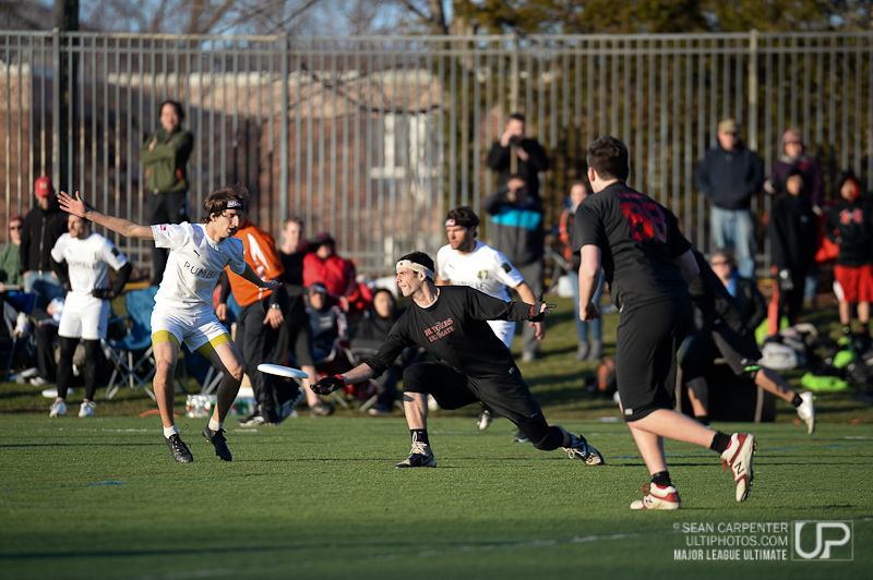 New Brunswick, NJ: Major League Ultimate's New York Rumble play an exhibition game against the Rutgers Machine, April 5 2014.
