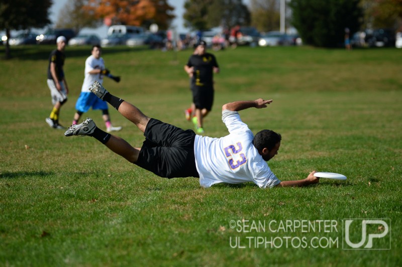 Plymouth Meeting, PA: Rob Rodriguez lays out for a score in action from the Dub City Hucktoberfest, Saturday October 25 2014.
